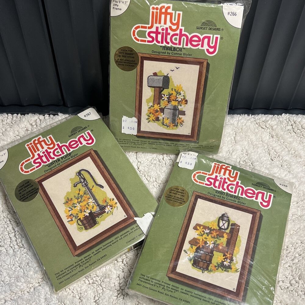 Vintage Sunset Jiffy Stitchery Crewel Embroidery Kits Set of 3 Connie Blyler